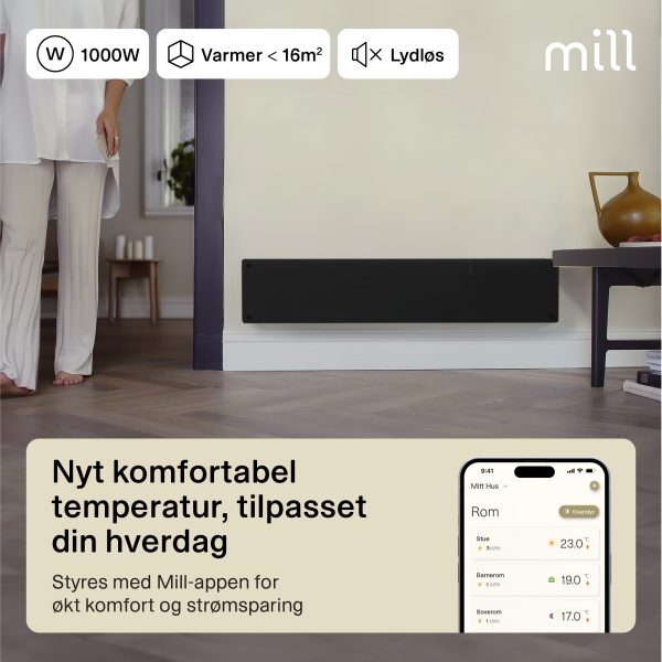 Mill Glass Smart WiFi Panel Heater 1000W Black low model Gen. 4 - Image 3