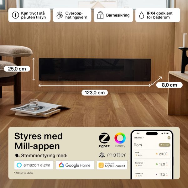 Mill Glass Smart WiFi Panel Heater 1000W Black low model Gen. 4 - Image 5