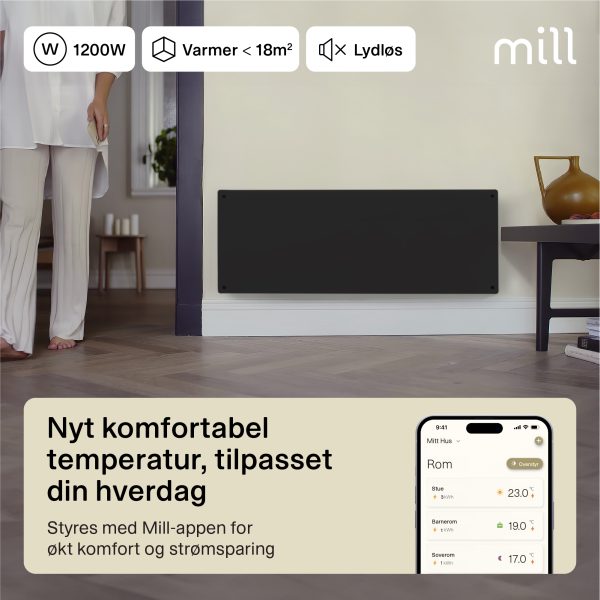 Mill Glass Smart WiFi Panel Heater 1200W Black Gen. 4 - Image 2